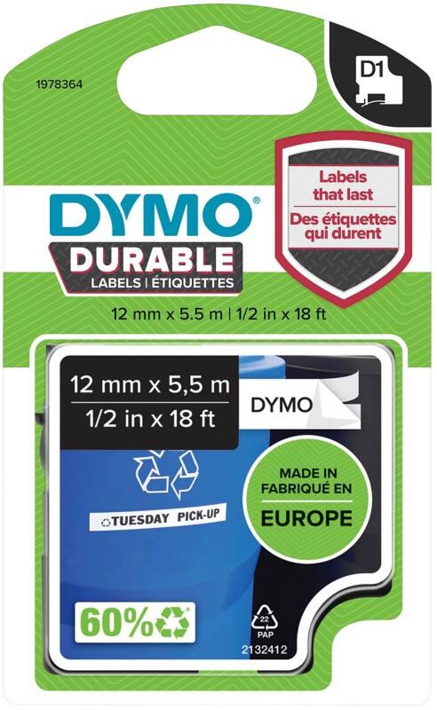 DYMO D1 1978364 Beschriftungsband Original Selbsthaftend Schwarz auf Weiss 12 mm (B) x 5,5 m (L)