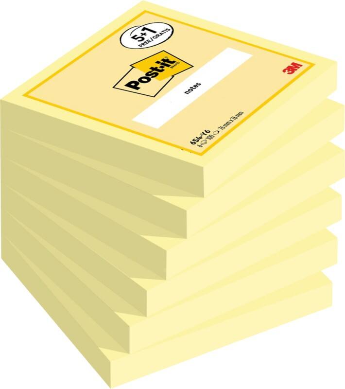 Notes Post-it 76 x 76 mm Jaune canari 100 Feuilles Pack économique 5 + 1 GRATUIT