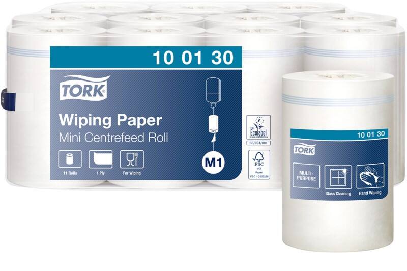 Papier d&#039;essuyage mini bobine blanc Tork M1, dévidage central, 11 rouleaux, 100130
