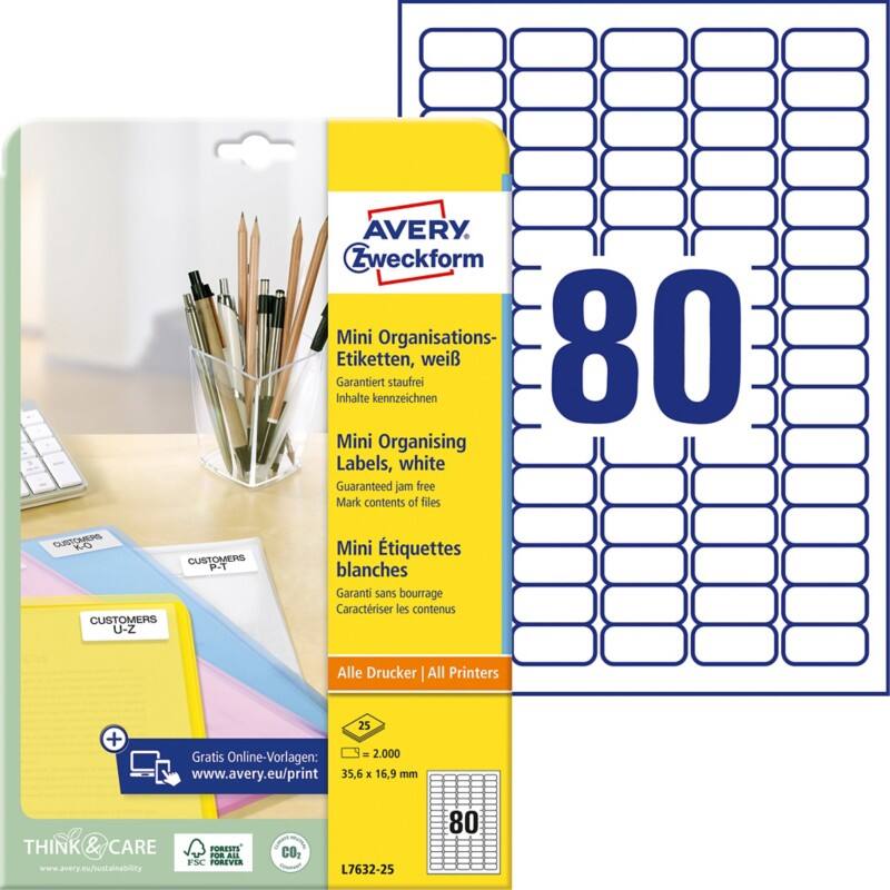 Étiquettes Laser AVERY Zweckform L7632-25 adhésif A4 Blanc 35.6 x 16.9 mm 25 Feuilles de 80 Étiquettes