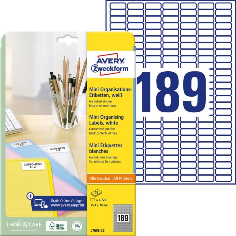 AVERY Zweckform Laser Etiketten L7658-25 Selbsthaftend A4 Weiss 25,4 x 10 mm 25 Blatt à 189 Etiketten