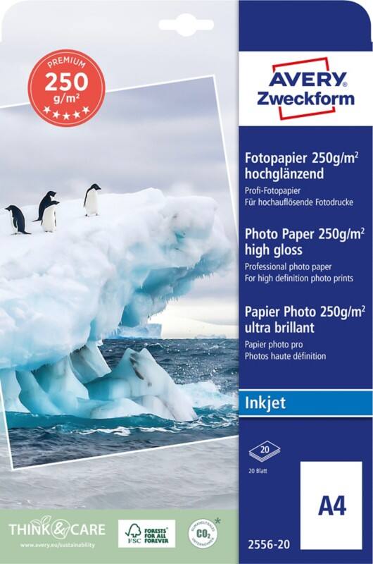 AVERY Zweckform Inkjet Premium Fotopapier Glänzend DIN A4 250 g/m² Weiß 20 Blatt