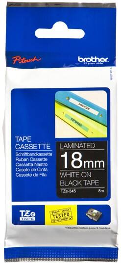 Ruban d’étiquettes Brother TZe-345 d’origine en continu Autocollantes Blanc sur noir 18 mm x 8 m