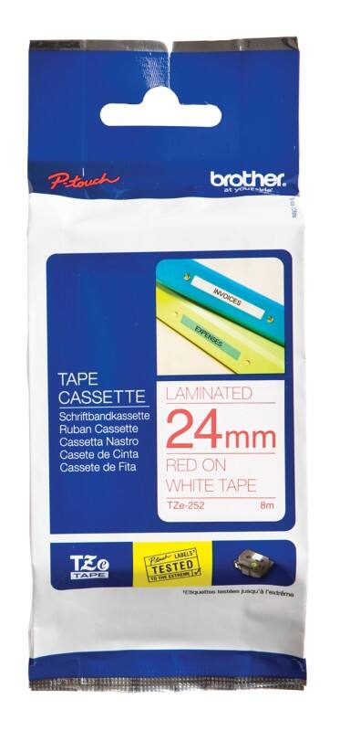 Brother TZe-252 Authentic Schriftband Selbstklebend Roter Druck auf Weiss 24 mm x 8m