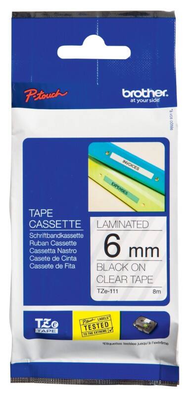 Brother TZe-111 Authentic Schriftband Selbstklebend Schwarzer Druck auf Transparent 6 mm x 8m