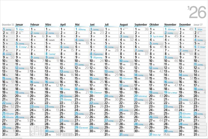 Calendrier Bühner 2026 1 An par page Allemand 102 (L) x 68 (H) cm Blanc