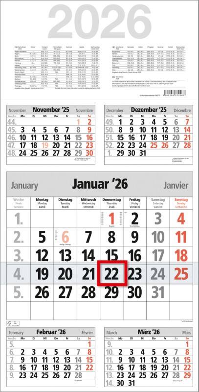 Calendrier 2026 Allemand, Anglais, Français 30 (L) x 59 (H) cm Rouge