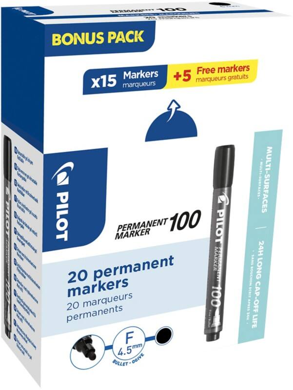 Pilot 100 Permanentmarker Fein Rundspitze  - 1 mm Schwarz Nicht Nachfüllbar 20 Stück
