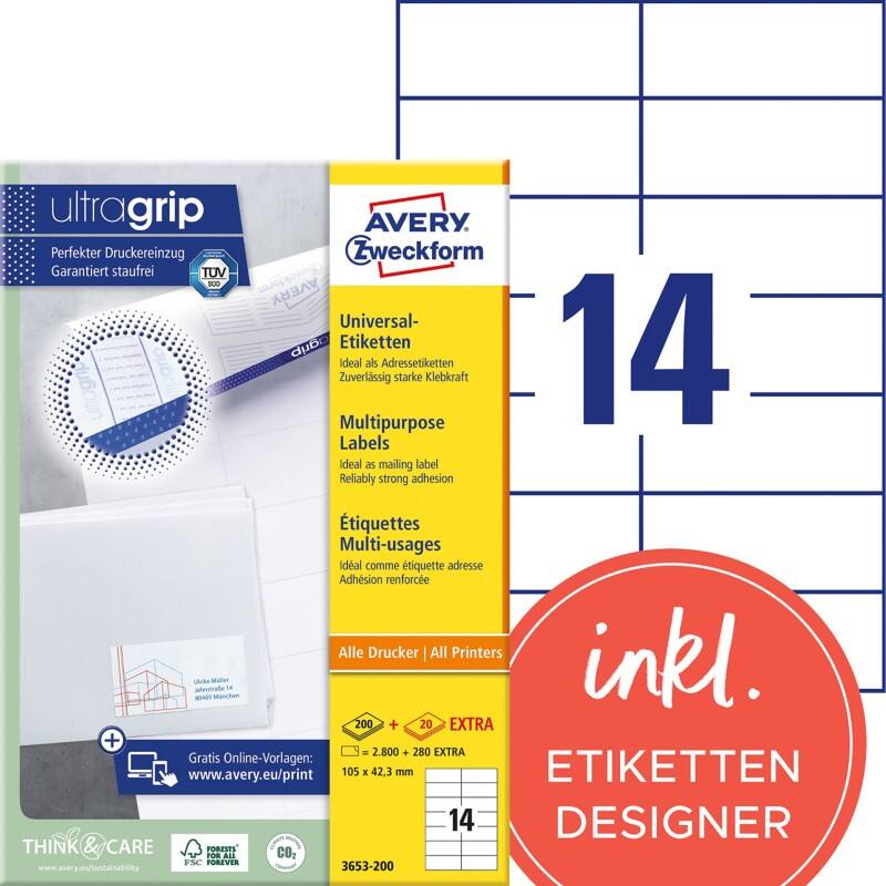 Étiquettes multifonctions Ultragrip AVERY Zweckform 3653-200 Adhésif A4 Blanc 105 x 42.3 mm 220 Feuilles de 14 Étiquettes