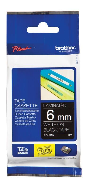 Brother TZe-315 Authentic Schriftband Selbstklebend Weisser Druck auf Schwarz 6 mm x 8m