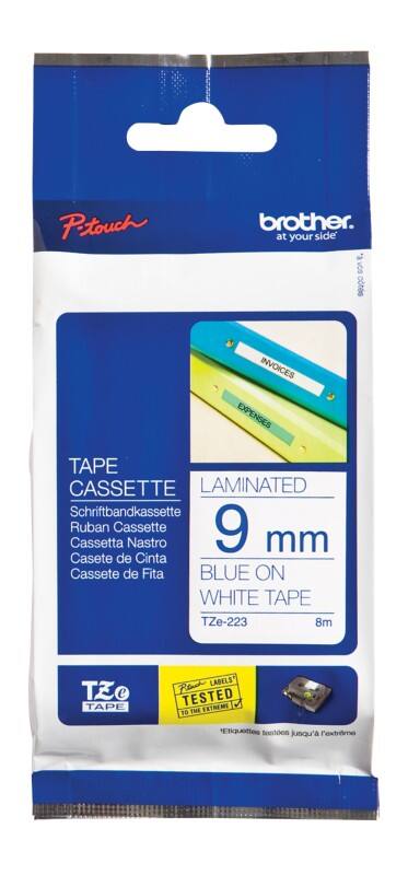 Brother TZe-223 Authentic Schriftband Selbstklebend Blauer Druck auf Weiss 9 mm x 8m