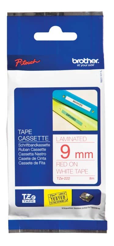 Brother TZe-222 Authentic Schriftband Selbstklebend Roter Druck auf Weiss 9 mm x 8m