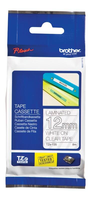 Ruban d'étiquettes Brother TZe-135 d’origine en continu Autocollantes Blanc sur transparent 12 mm x 8 m