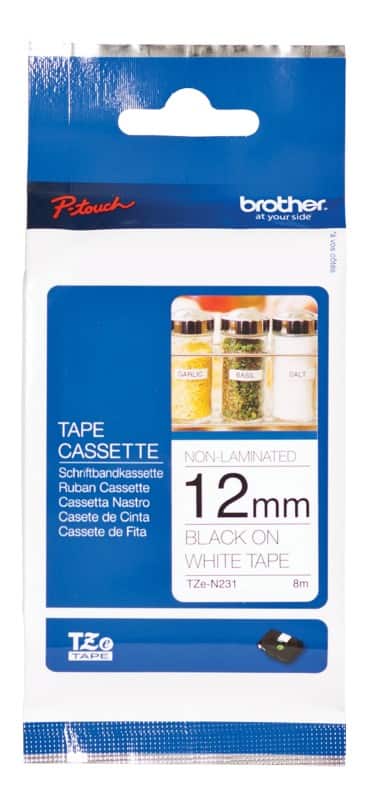 Brother TZe-N231 Authentic Schriftband Selbstklebend Schwarzer Druck auf Weiss 12 mm x 8m