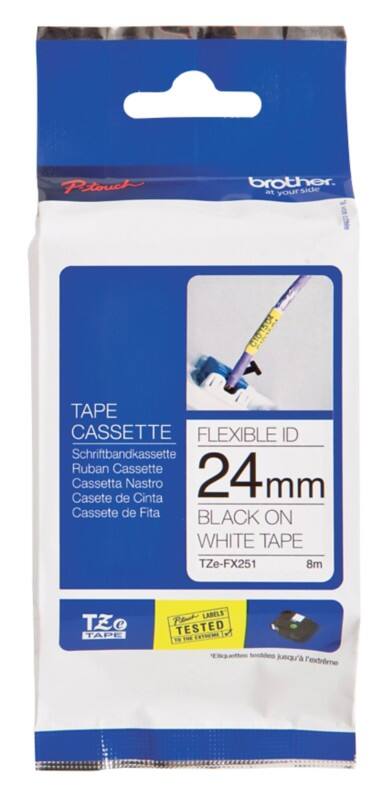 Brother TZe-FX251 Authentic Flexibles Schriftband Selbstklebend Schwarzer Druck auf Weiss 24 mm x 8m