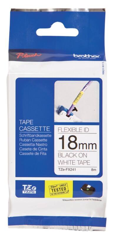 Brother TZe-FX241 Authentic Flexibles Schriftband Selbstklebend Schwarzer Druck auf Weiss 18 mm x 8m