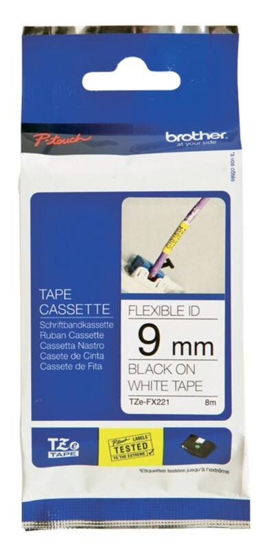 Brother TZe-FX221 Authentic Flexibles Schriftband Selbstklebend Schwarzer Druck auf Weiss 9 mm x 8m