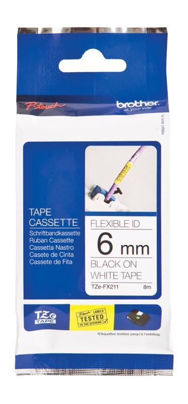 Brother TZe-FX211 Authentic Flexibles Schriftband Selbstklebend Schwarzer Druck auf Weiss 6 mm x 8m