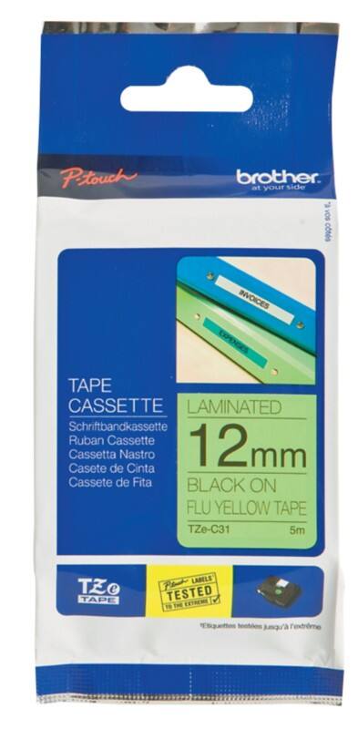 Brother TZe-C31 Authentic Floureszierend Schriftband Selbstklebend Schwarzer Druck auf Gelb 12 mm x 5m