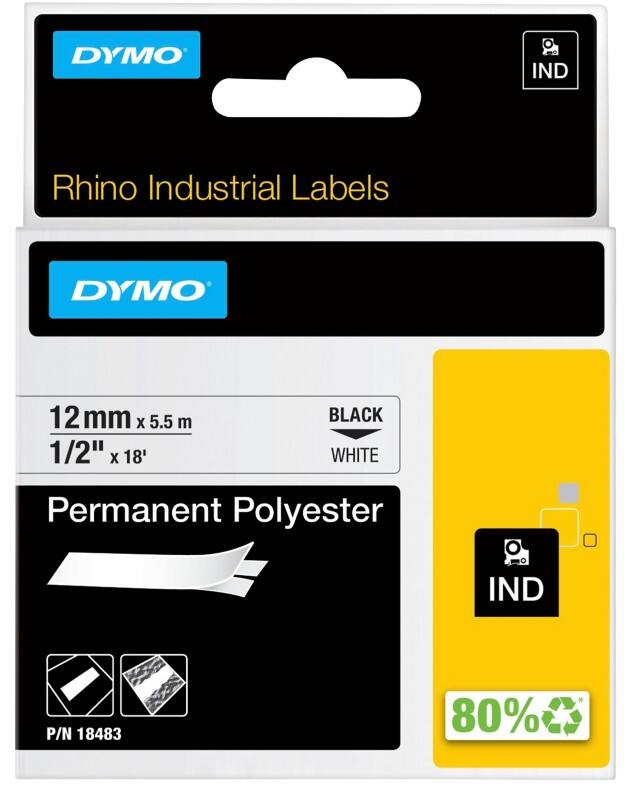 Dymo IND S0718210 / 18483 Authentic Rhino Polyester Schriftband Selbstklebend Schwarzer Druck auf Weiss 12 mm x 5.5m