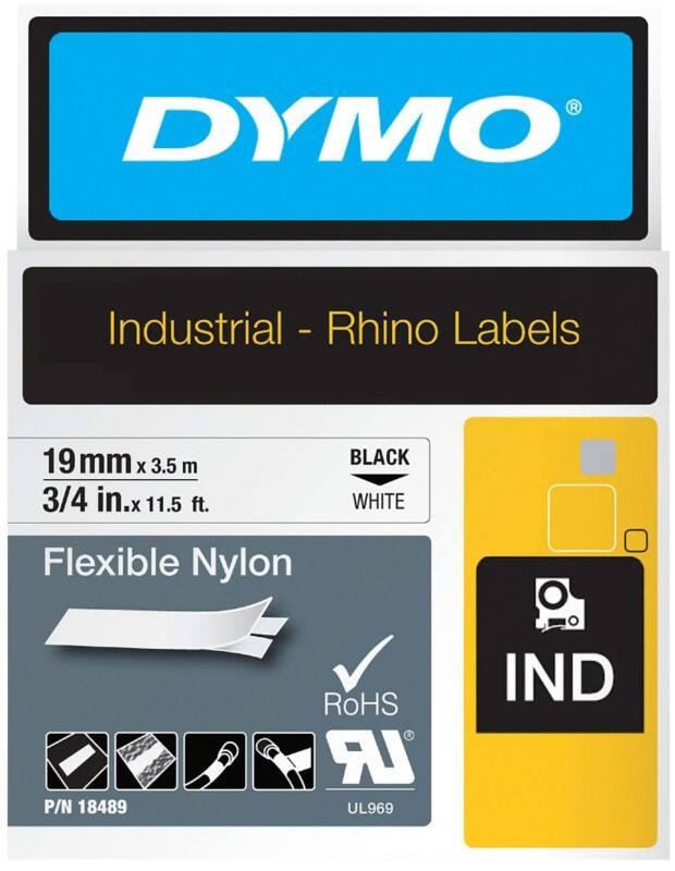 Dymo IND S0718120 / 18489 Authentic Rhino Flexibles Nylon Schriftband Selbstklebend Schwarzer Druck auf Weiss 19 mm x 3.5m