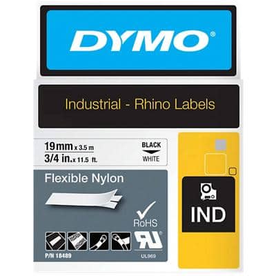 Dymo IND S0718120 / 18489 Authentic Rhino Flexibles Nylon Schriftband Selbstklebend Schwarzer Druck auf Weiss 19 mm x 3.5m