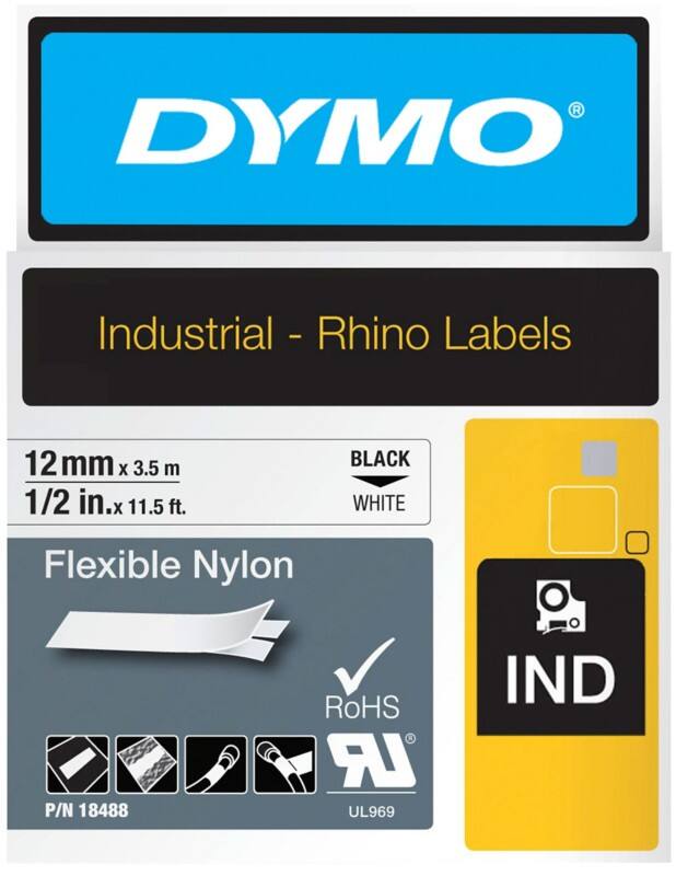 Dymo IND S0718100 / 18488 Authentic Rhino Flexibles Nylon Schriftband Selbstklebend Schwarzer Druck auf Weiss 12 mm x 3.5m