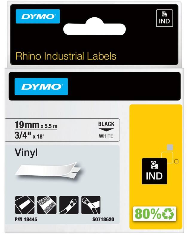 Dymo IND S0718620 / 18445 Authentic Rhino Vinyl Schriftband Selbstklebend Schwarzer Druck auf Weiss 19 mm x 5.5m