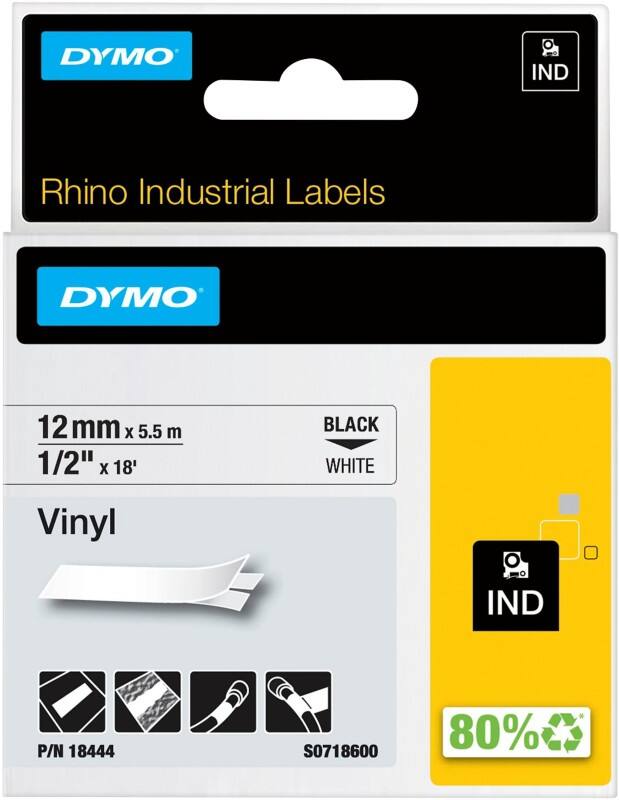 Dymo IND S0718600 / 18444 Authentic Rhino Vinyl Schriftband Selbstklebend Schwarzer Druck auf Weiss 12 mm x 5.5m