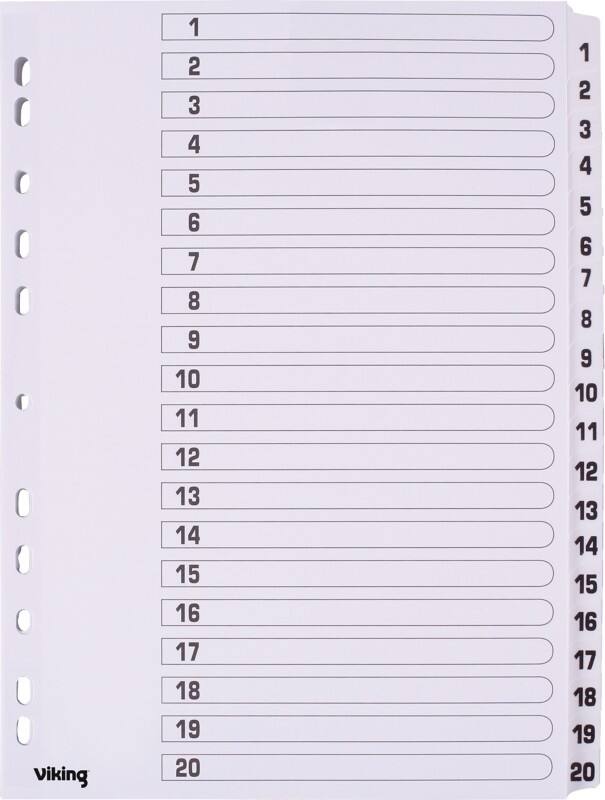 Intercalaires numériques Standard 1 à 20 Viking A4 Blanc 20 intercalaires Carton 11 Perforations