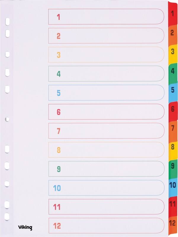 Viking Mylar 1 bis 12 Zahlenregister  A4 Farbig assortiert 12-teilig Pappkarton 11 Löcher