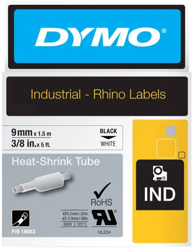 Ruban thermorétractable IND Dymo S0718280 / 18053 Rhino d’origine, autocollant Noir sur blanc 9 mm x 1,5 m