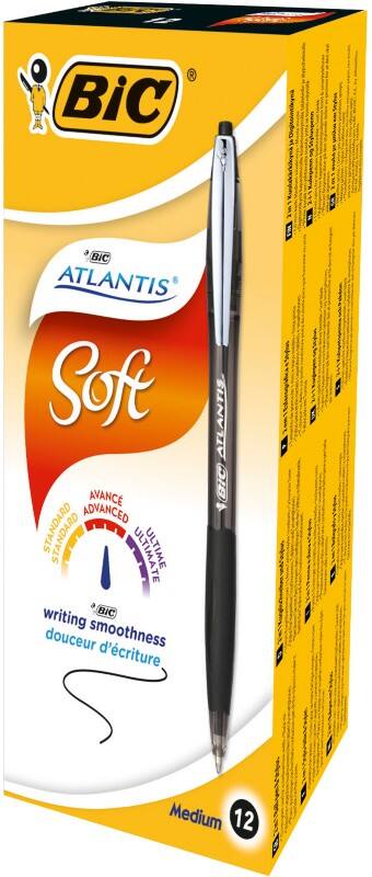 Stylo-bille BIC Atlantis Soft Rétractable Noir 0,4 mm Moyen Bille Rechargeable 12 Unités