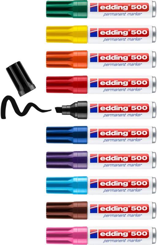 Marqueur permanent edding 500 100% Recyclé Large Biseauté 2 - 7 mm Assortiment Rechargeable Résistant à l'eau 10 Unités