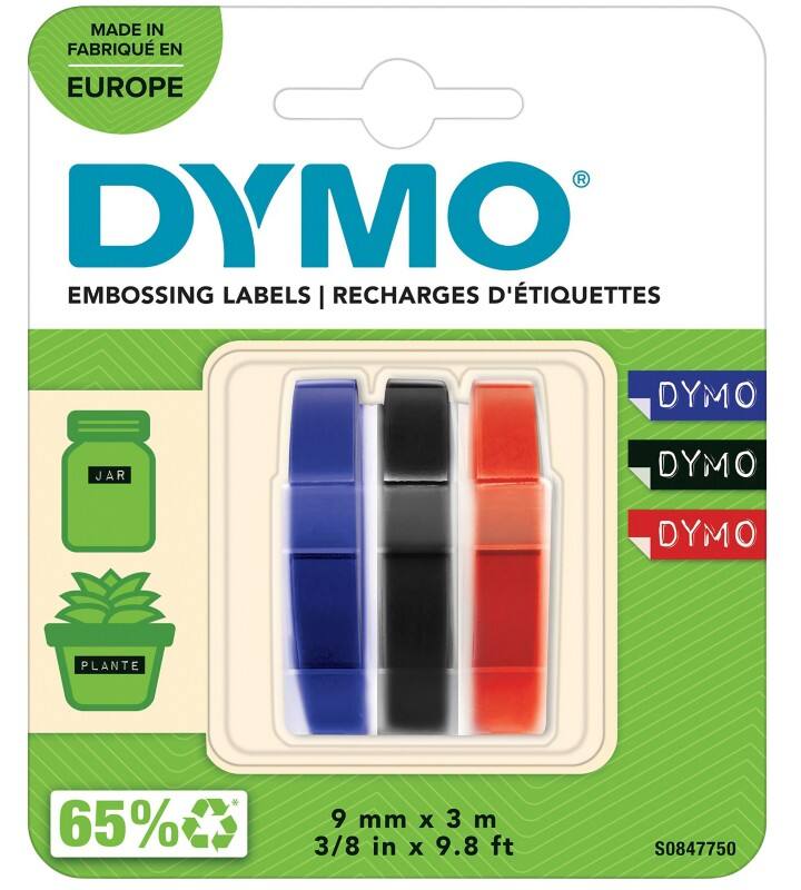Dymo 3D Etikettenband S0847750 Weiss auf Rot, Schwarz, Blau 9 mm x 3 m 3 Stück