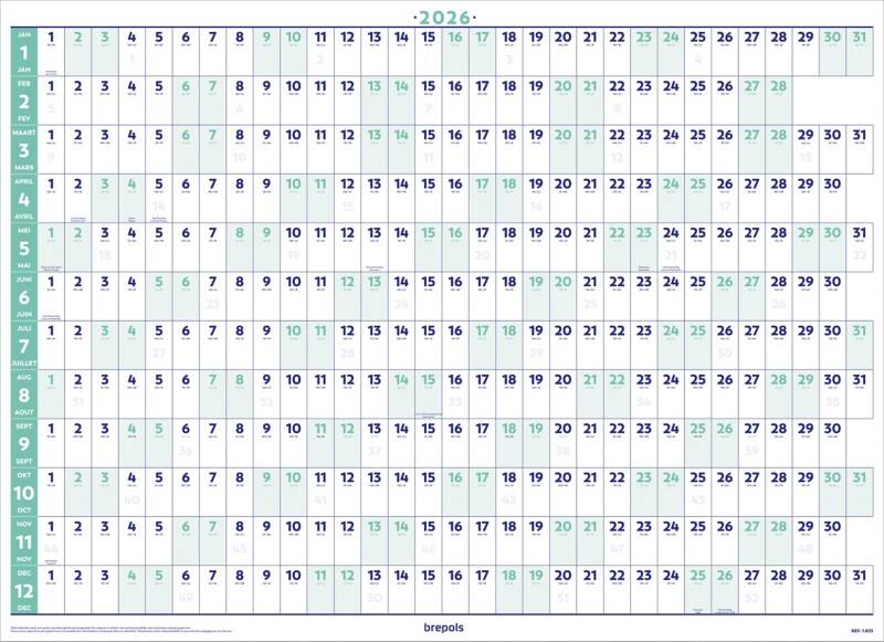 Planning annuel Brepols Yearplanner 2026 1 An par page Allemand, Anglais, Français, Néerlandais 59 (L) x 0,1 (P) x 82 (H) cm Bleu