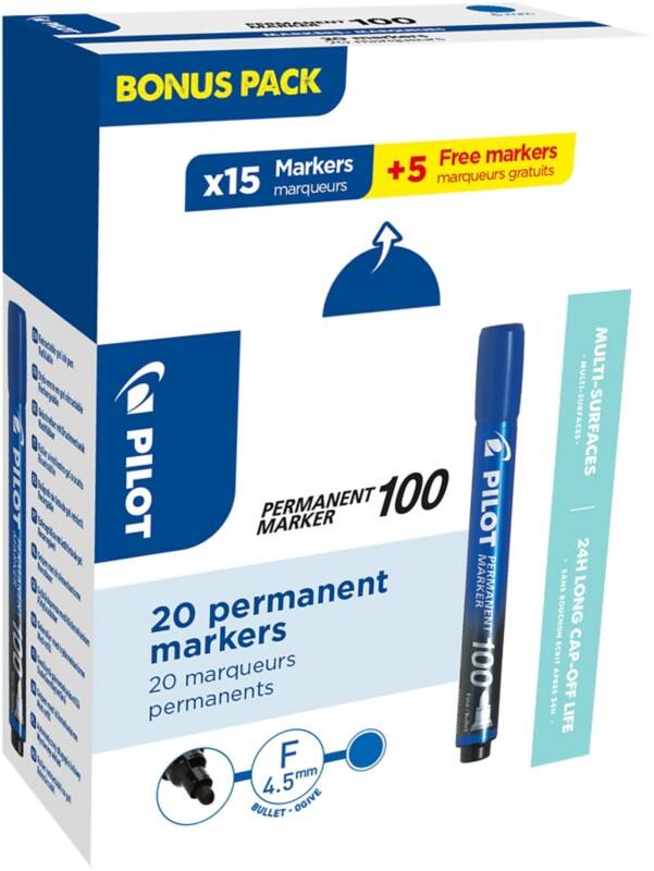 Pilot 100 Permanentmarker Fein Rundspitze  - 1 mm Blau Nicht Nachfüllbar 20 Stück