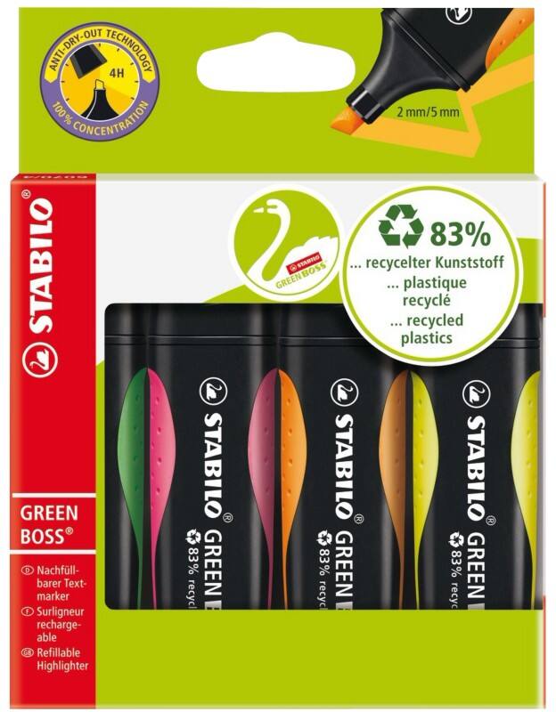 Surligneur STABILO Green Boss 6070/4 Assortiment 83% Recyclé Moyen Biseauté 2 - 5 mm Rechargeable 4 Unités
