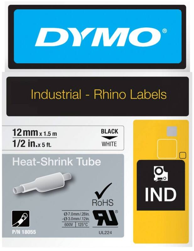DYMO Heissschrumpfschlauch RHINO 18055 Schwarzer Druck auf Weiss 12 mm x 1,5 m