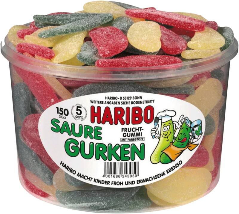 Gommes aux fruits Haribo Sour Pickles Citron, Fraise, Framboise 150 unités 1 350 g