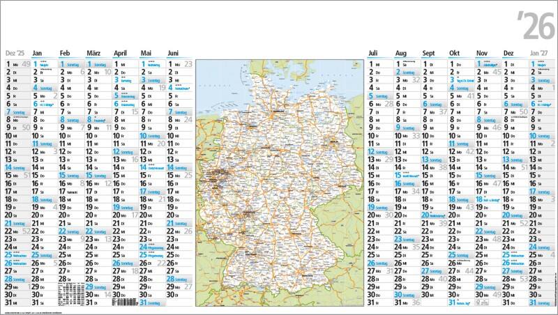 Calendrier mural Bühner 2026 Allemand 114 (L) x 64 (H) cm Blanc