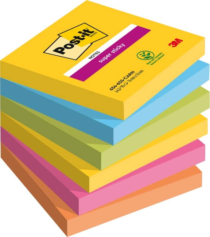 Notes Super Sticky Post-it Carnival 76 x 76 mm Assortiment Carré 6 Blocs de 90 Feuilles