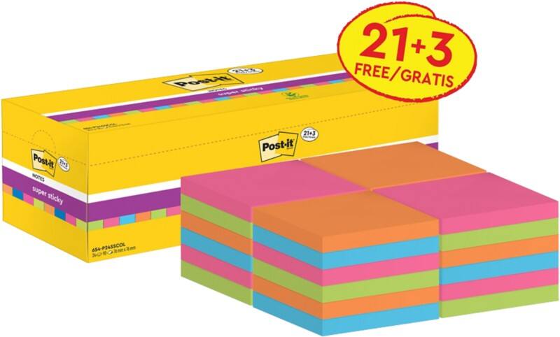 Notes Super Sticky Post-it 76 x 76 mm Assortiment 90 Feuilles Pack économique 21 blocs + 3 GRATUITS