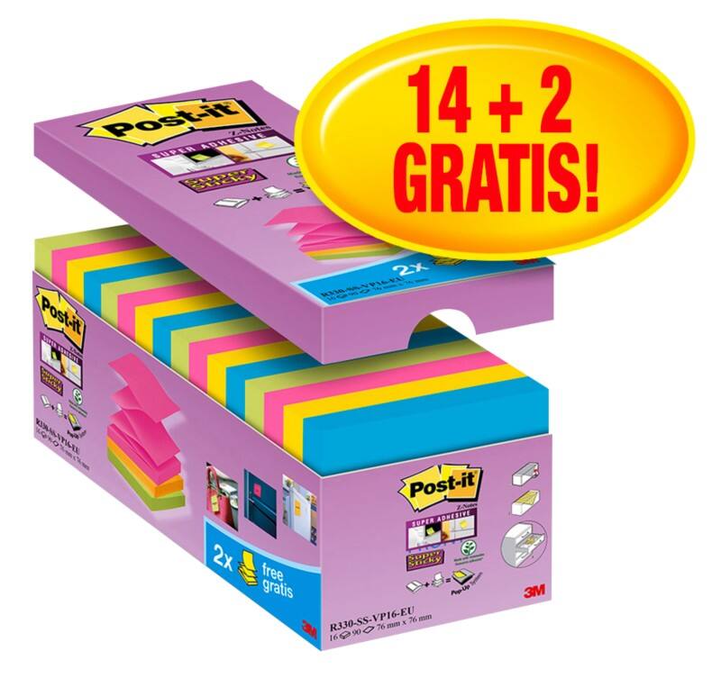 Z-Notes Super Sticky Post-it 76 mm x 76 mm Assortiment 90 Feuilles Pack économique 14 blocs + 2 GRATUITS