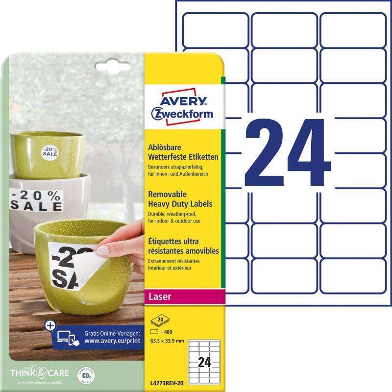 Étiquettes AVERY Zweckform L4773REV-20 A4 Blanc 63.5 x 33.9 mm 20 Feuilles de 24 Étiquettes