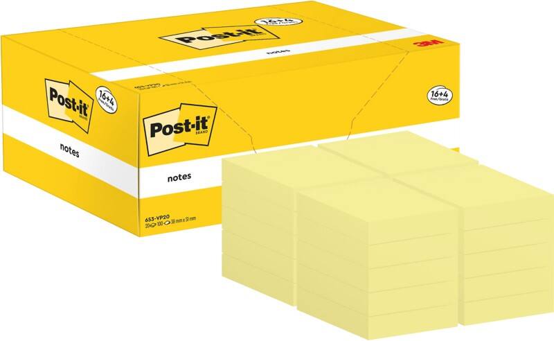 Notes Post-it 38 x 51 mm Jaune canari 100 Feuilles Pack économique 16 + 4 GRATUITS