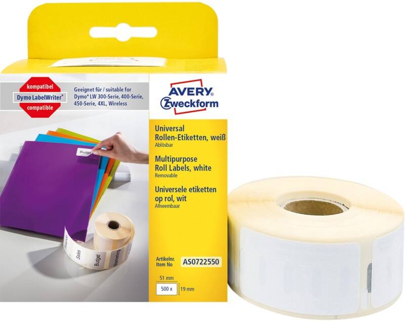 AVERY Zweckform Universaletiketten Kompatibel AS0722550 Selbsthaftend Weiss 19 x 51 mm 1 Rolle à 500 Etiketten
