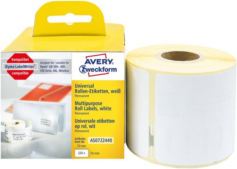 AVERY Zweckform Universaletiketten AS0722440 Selbsthaftend Weiss 54 x 70 mm  1 Rolle à 320 Etiketten