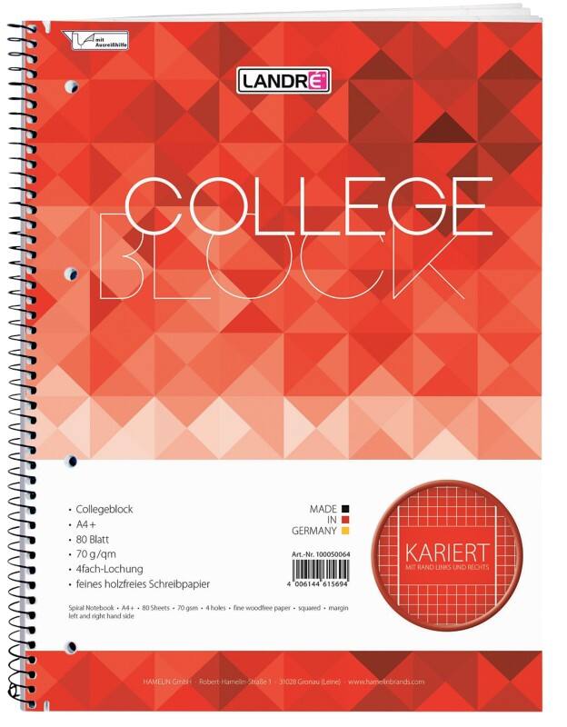 Bloc-notes à spirales LANDRÉ A4+ Quadrillé Reliure en spirale Carte Perforé 160 Pages