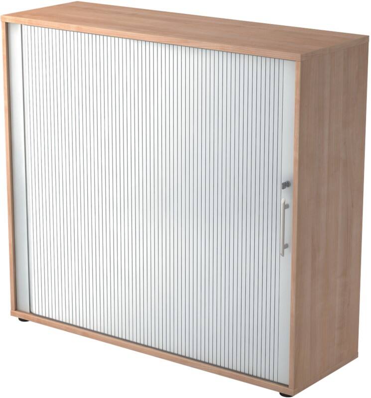 Hammerbacher Matrix Rollladenschrank Melaminharzbeschichtete Spanplatte 2 Fachböden abschließbar 1.200 x 400 x 1.100 mm Braun, Silber